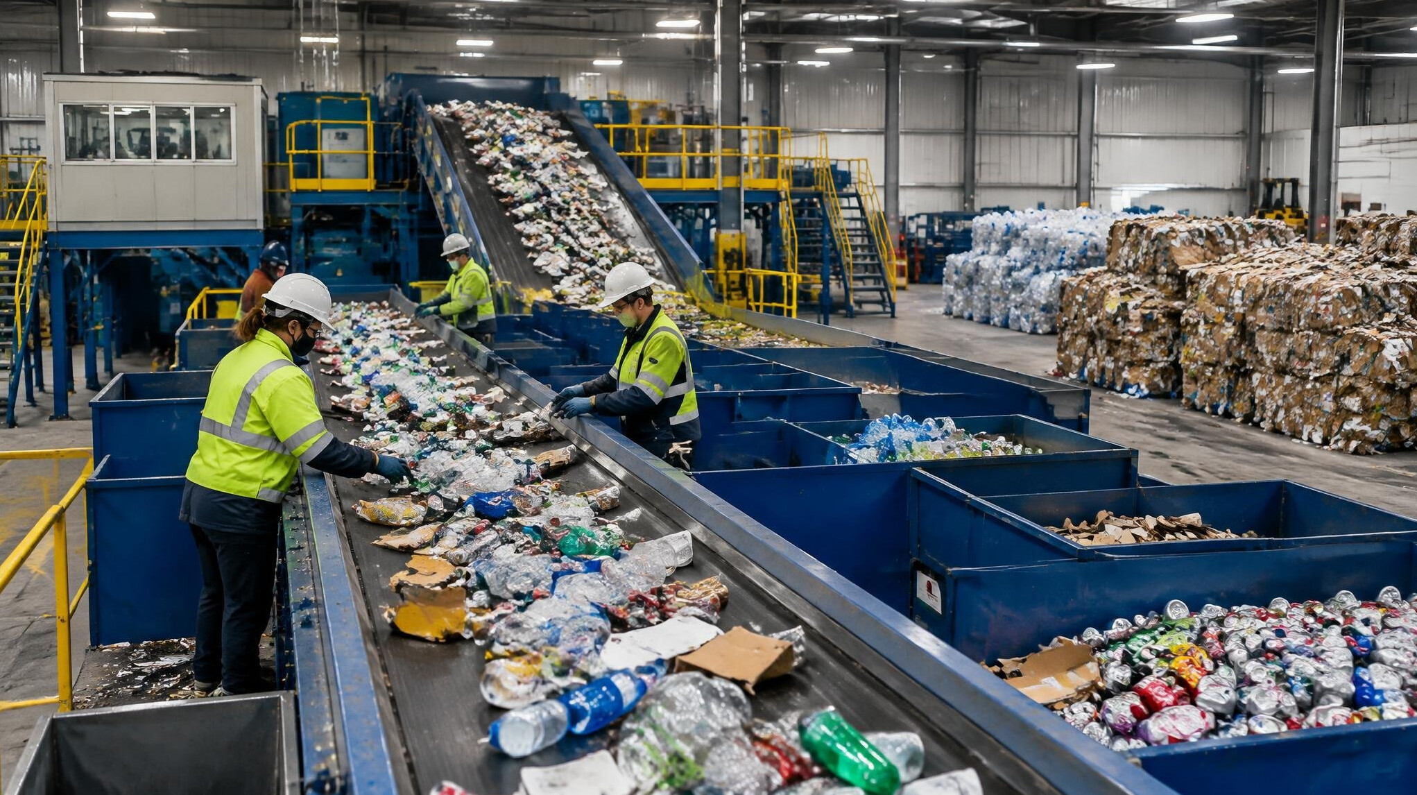 Waste sorting and recycling facility with conveyor belts and sorted materials