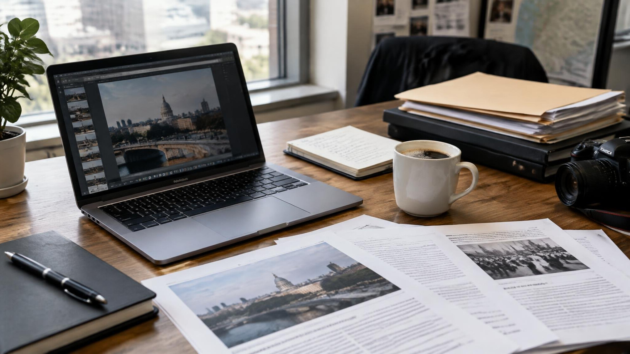 Journalist typing on a laptop surrounded by folders and printed documents on a wooden desk