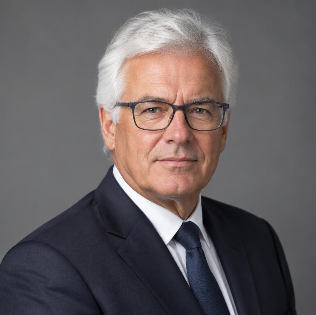 Studio portrait of a Swiss man editor-in-chief in his sixties with white hair and a suit
