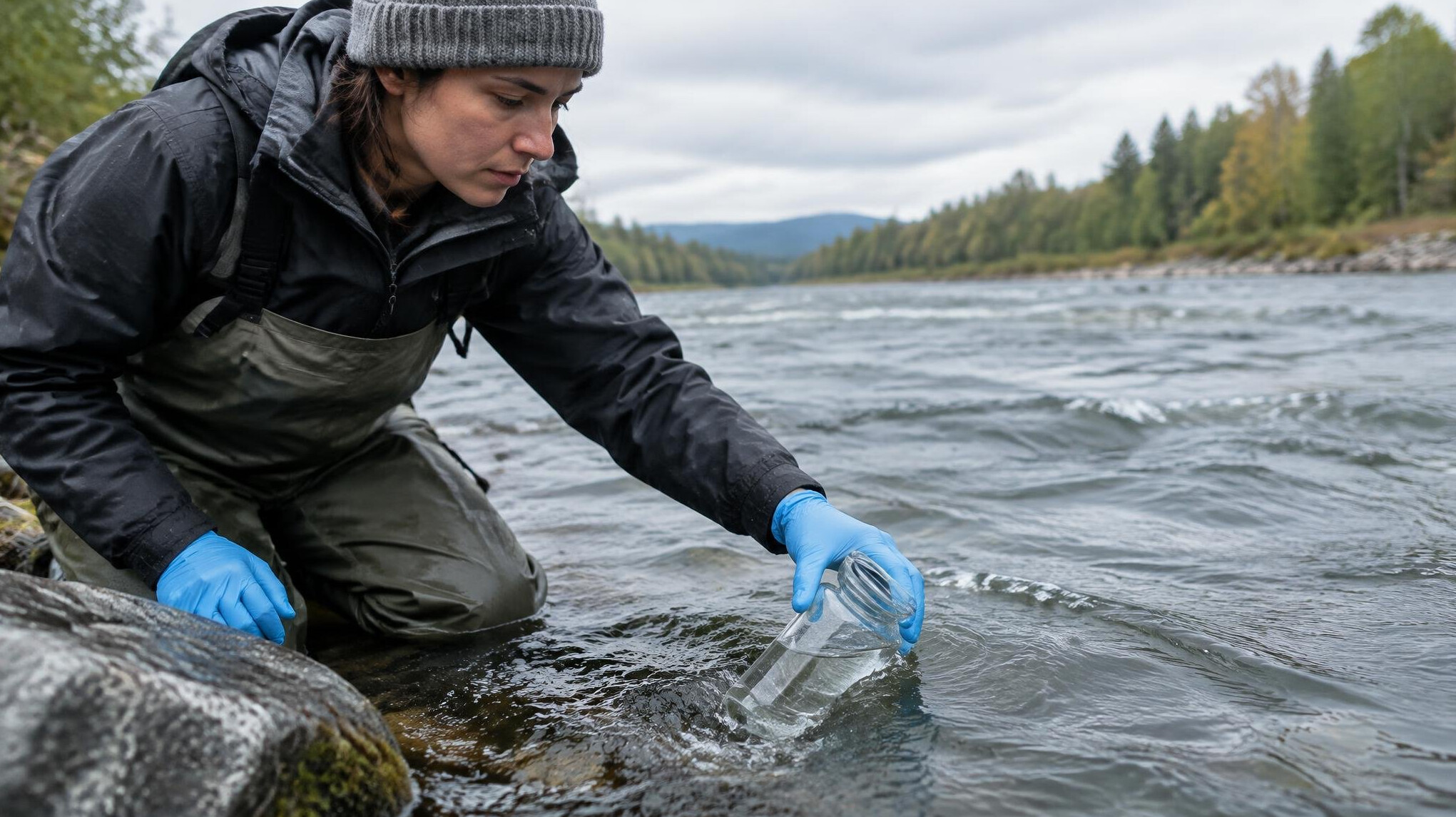Technician collecting a water sample from a river using testing equipment