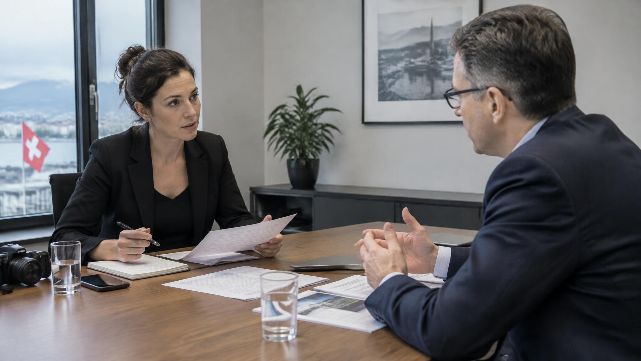 Two professionals in a formal meeting discussing documents across a table