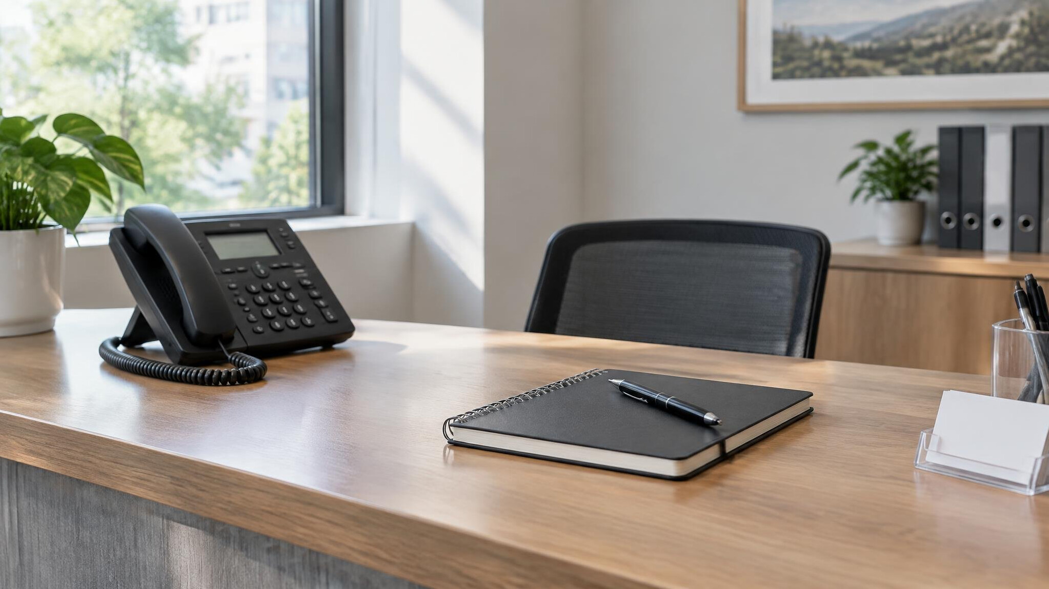 Reception desk with a telephone, notebook and pen ready for correspondence
