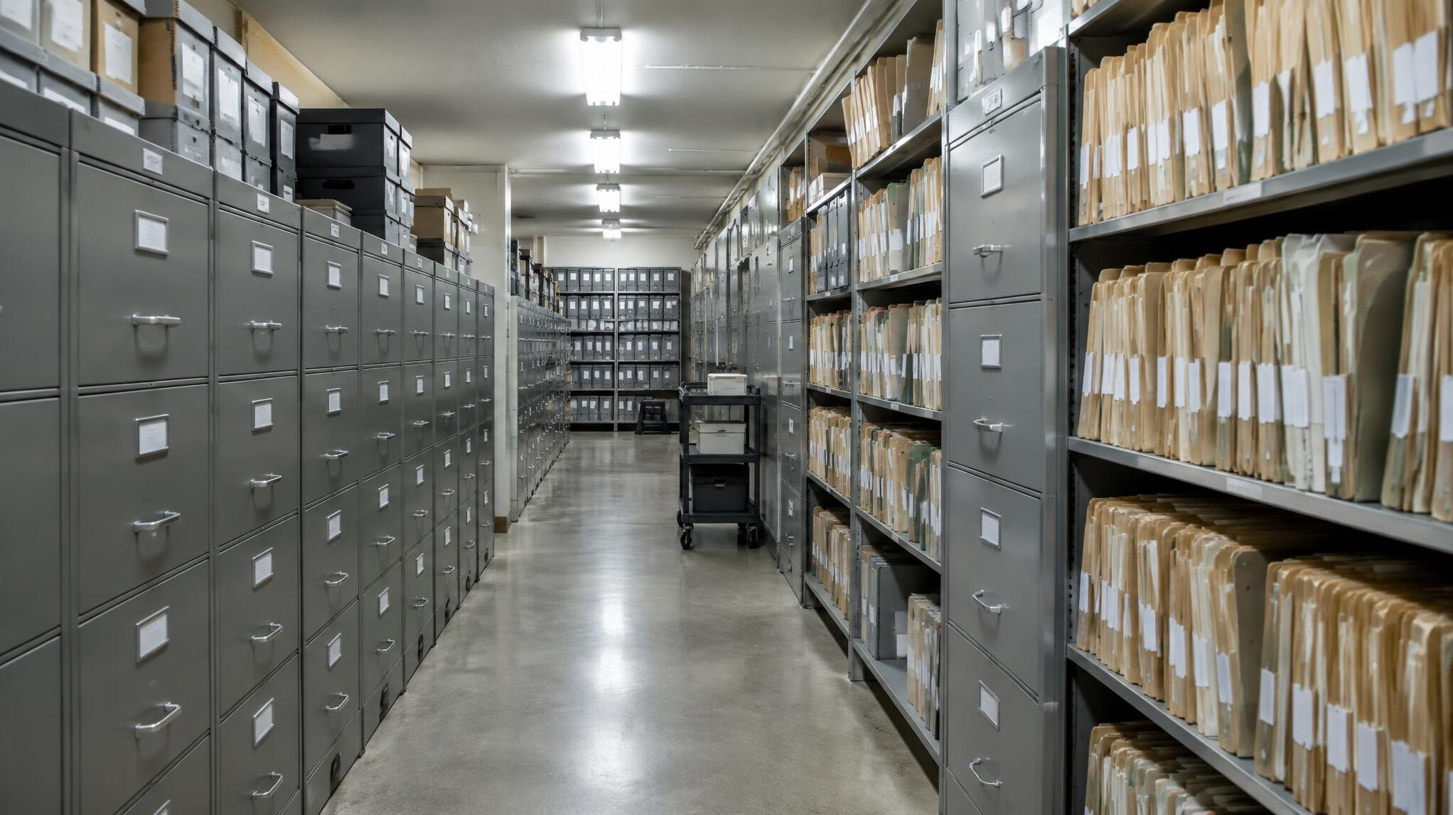 Archive room with rows of filing cabinets and labeled folders