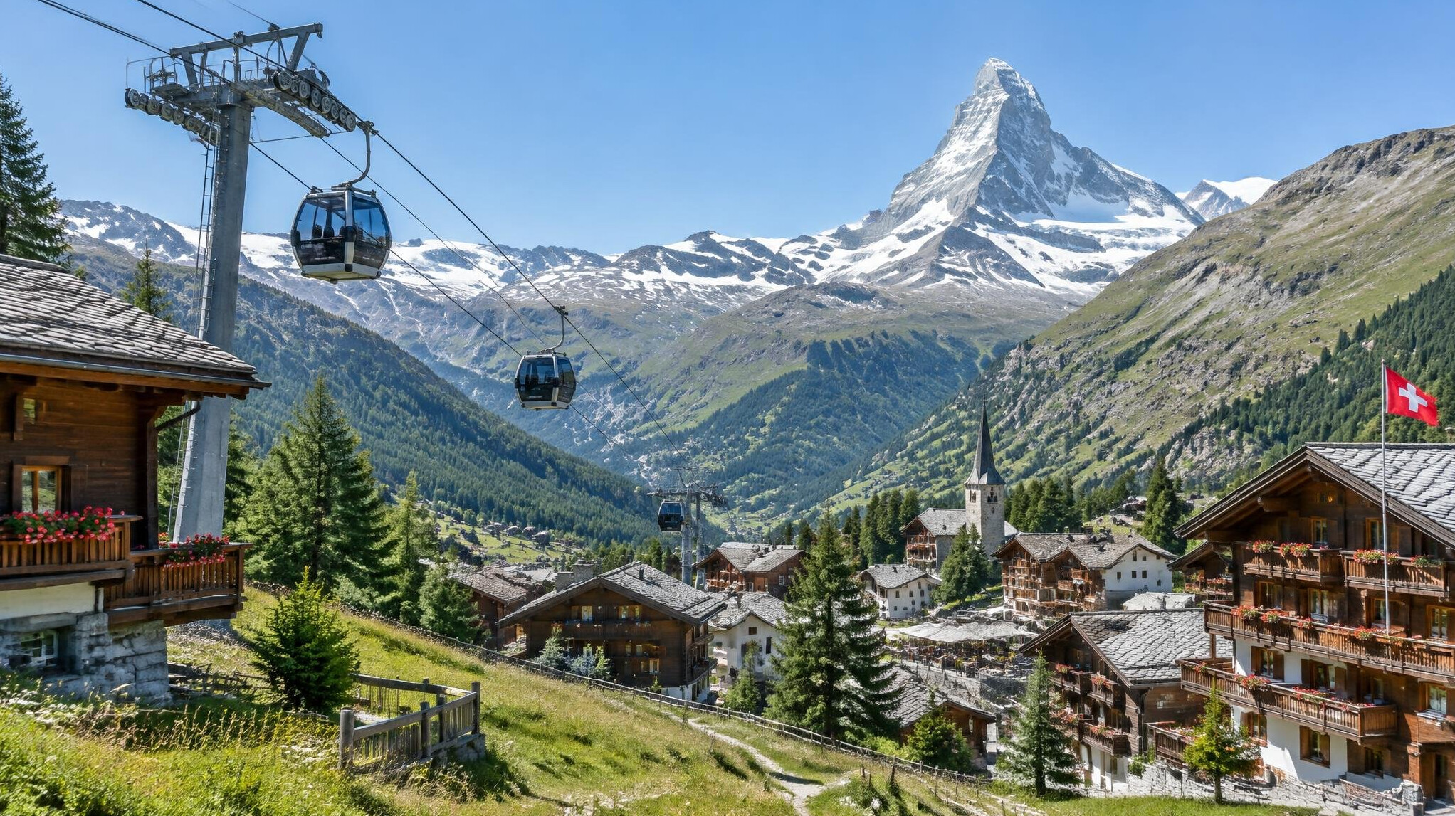 Alpine mountain resort village with cable car and ski lift infrastructure