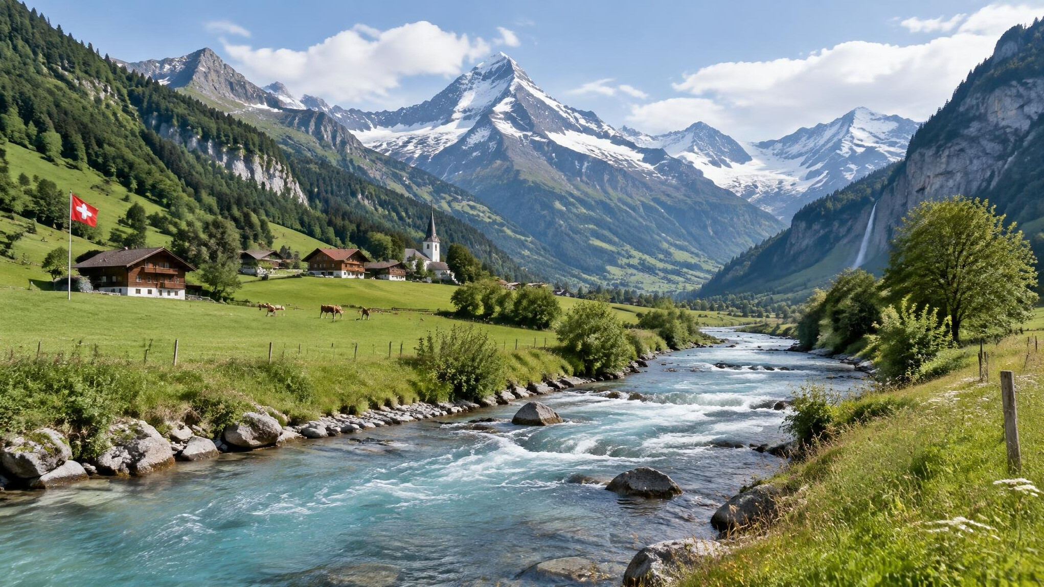 Swiss alpine countryside with a river running through green valley and mountains