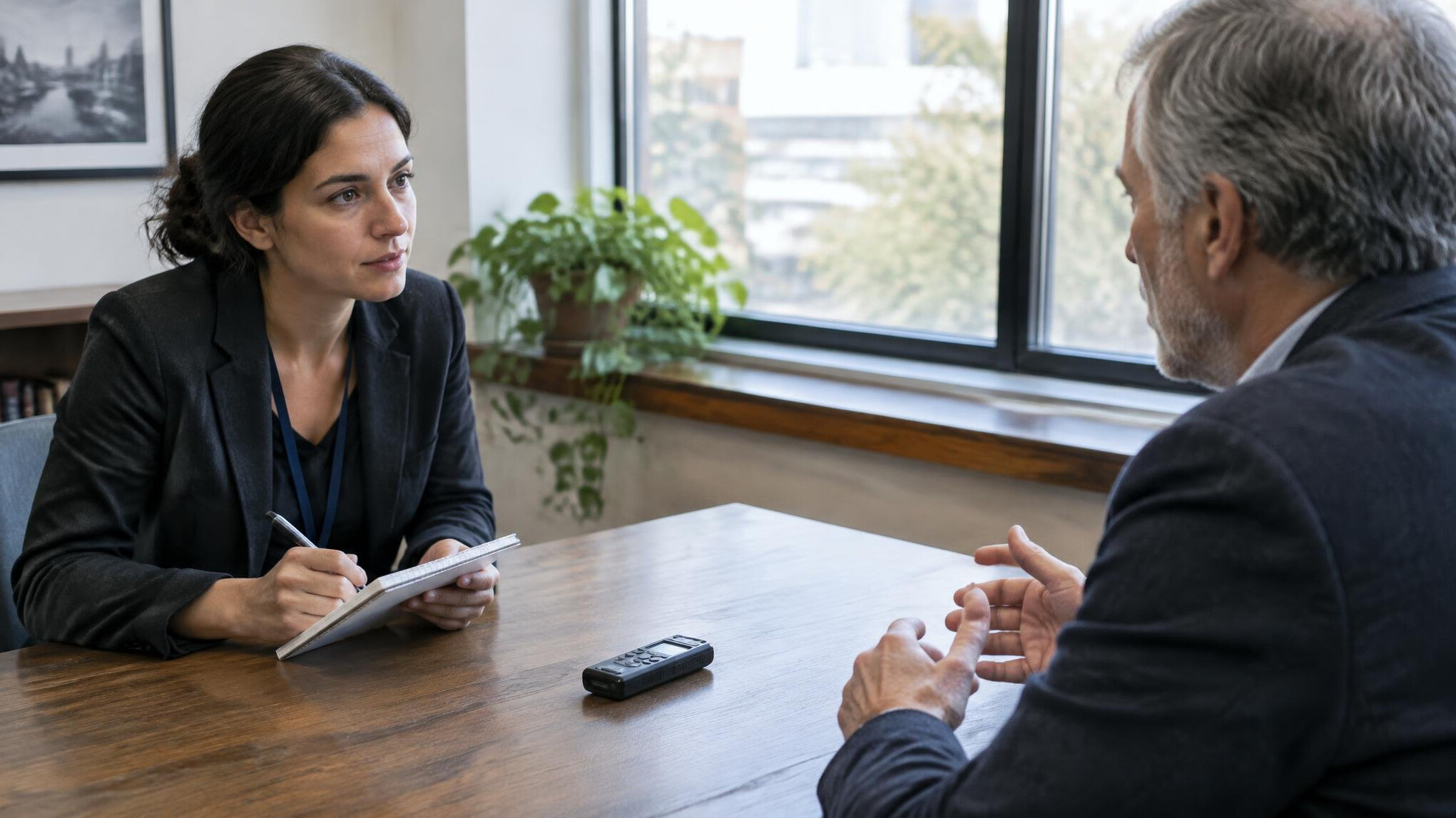 Journalist conducting an interview with a voice recorder on the table