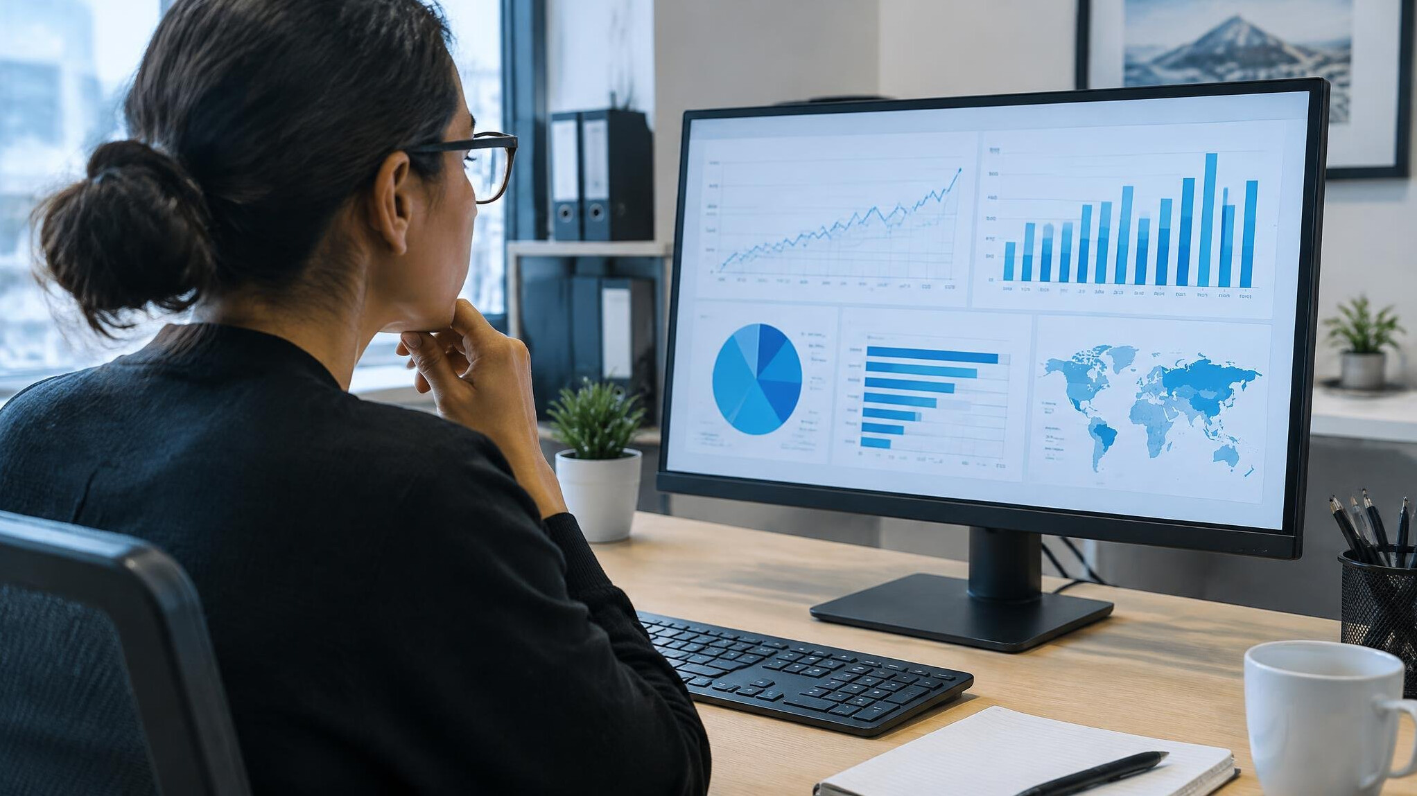 Data analyst reviewing charts and graphs on a computer screen