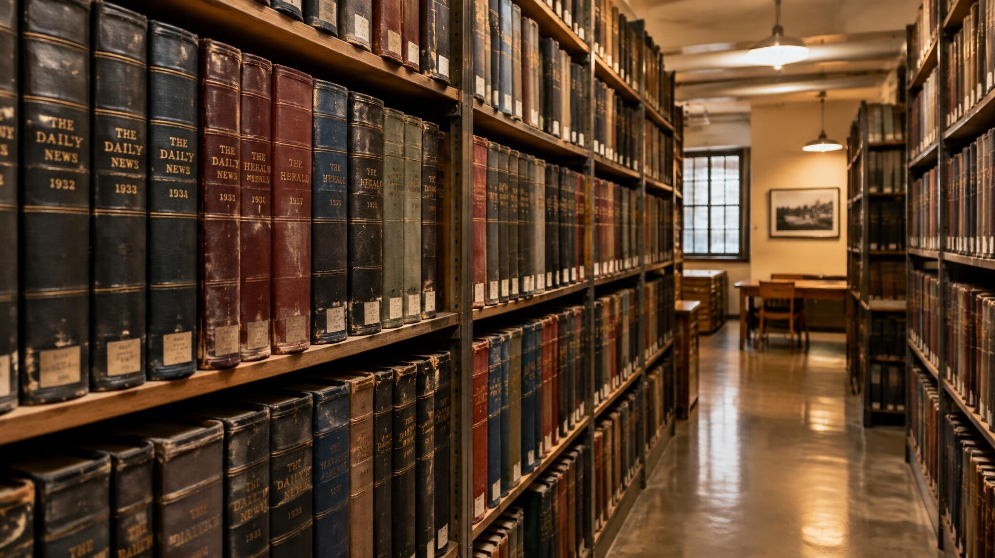 Old newspaper archive shelves with bound volumes