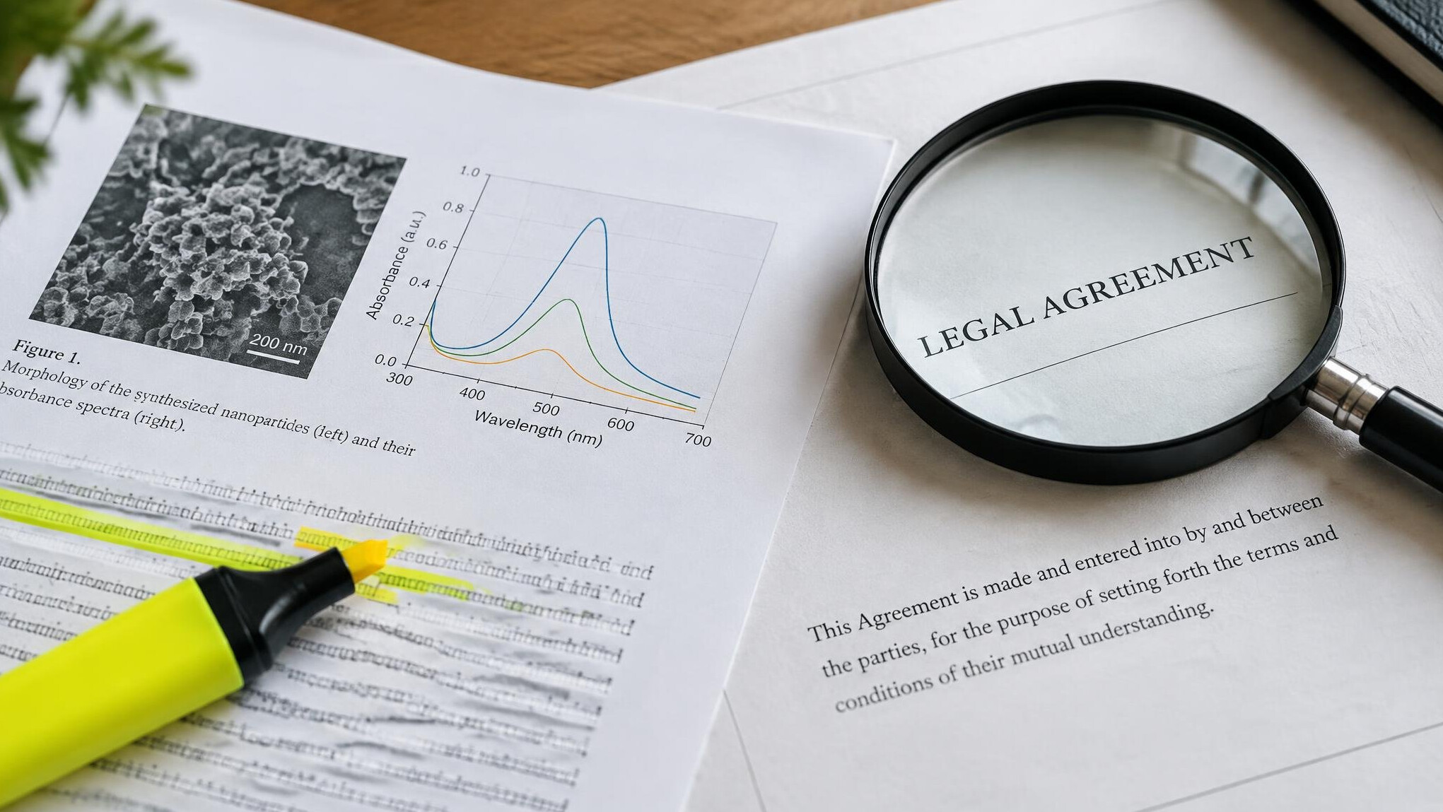 Close-up of legal and scientific documents with a highlighter and magnifying glass