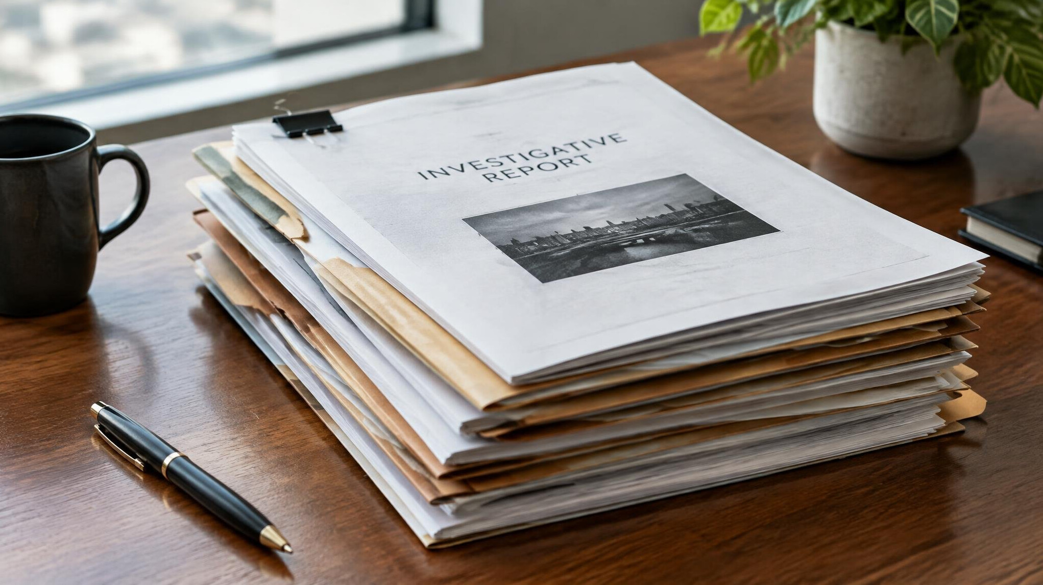 Stack of printed investigative reports and folders on a desk