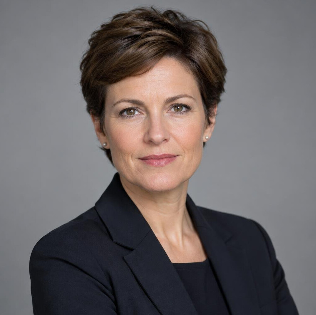 Studio portrait of a Swiss woman journalist in her forties with short brown hair, smiling confidently